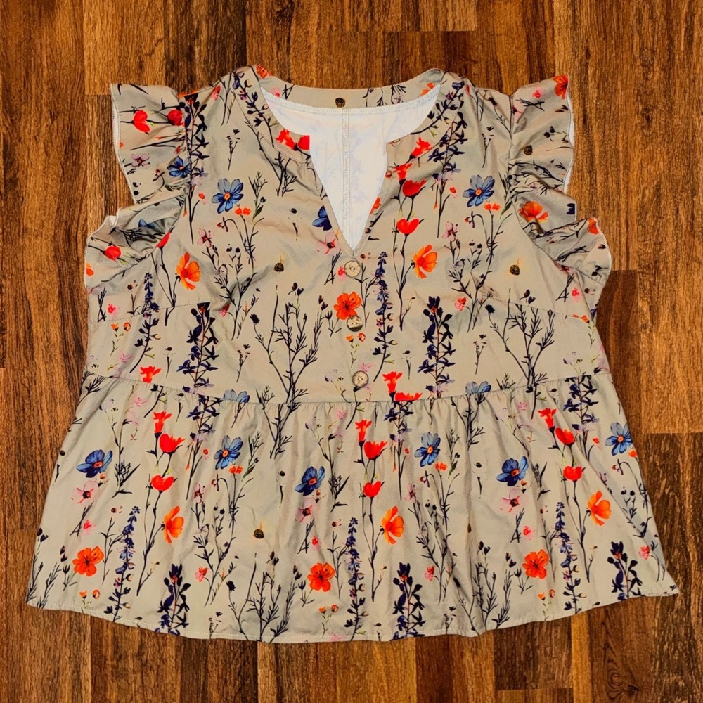 Wildflower Floral Ruffle Peplum Top V-Neck Sleeveless Babydoll Blouse Sage Green
